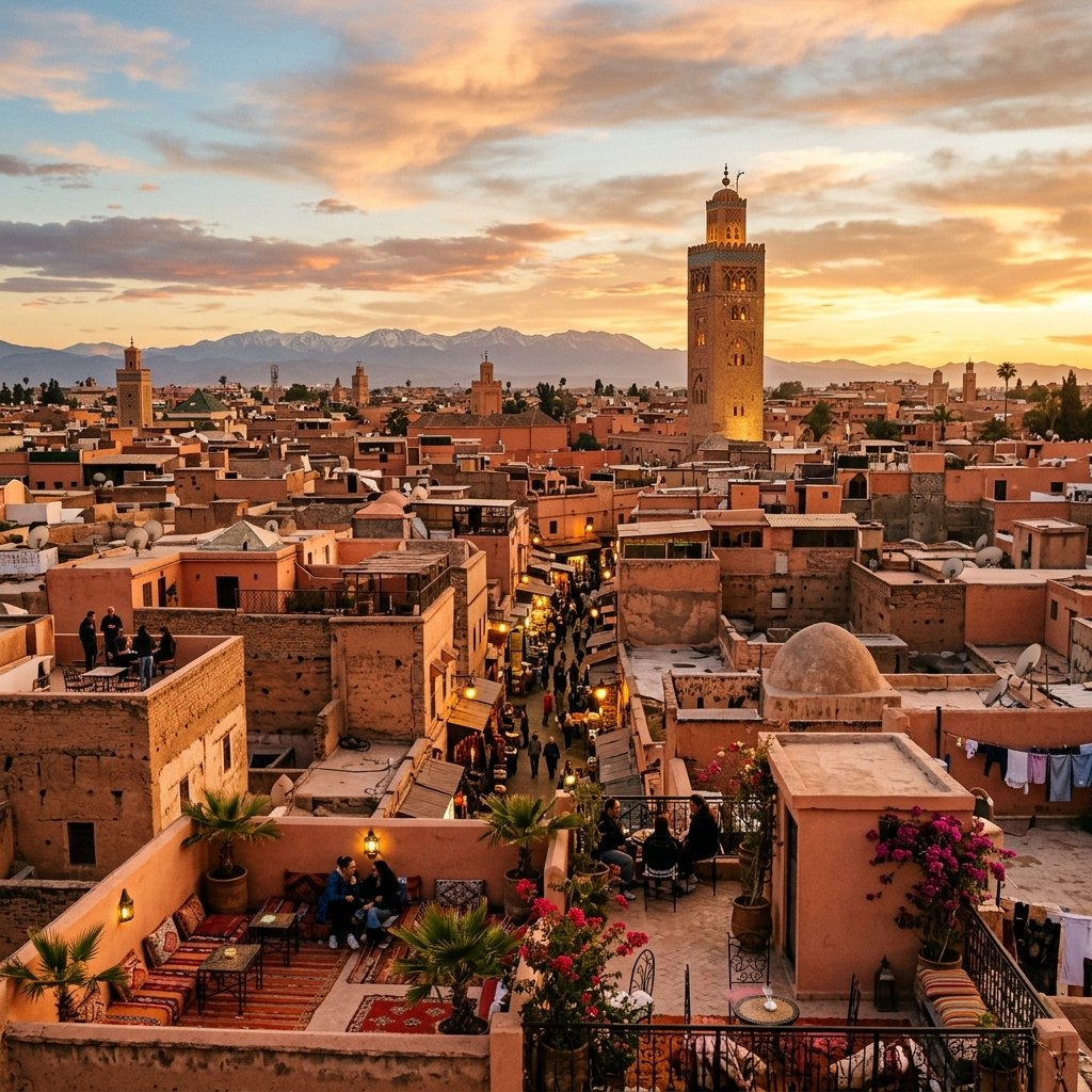 Sunset over Marrakech medina rooftops